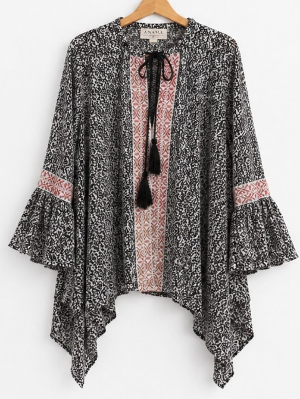 Anama Boho Bell Sleeve Top Size Medium Tassel Tie Handkerchief Hem